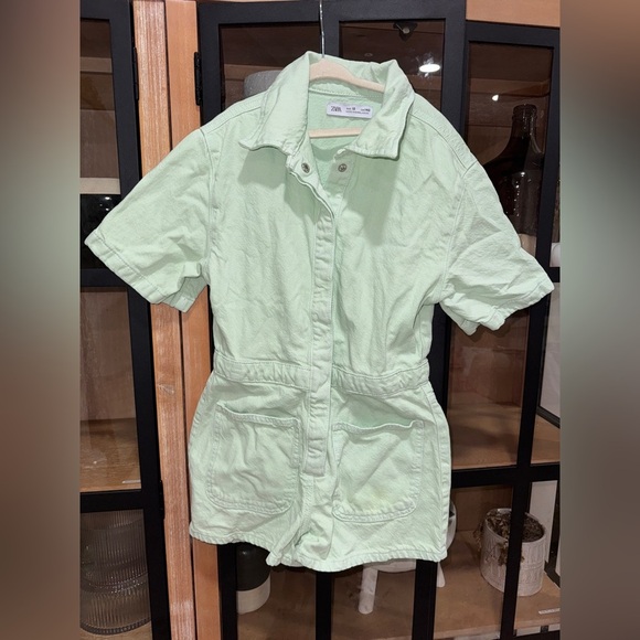 Zara Kids utility denim romper playsuit mint button up collar pockets girls - Picture 2 of 6